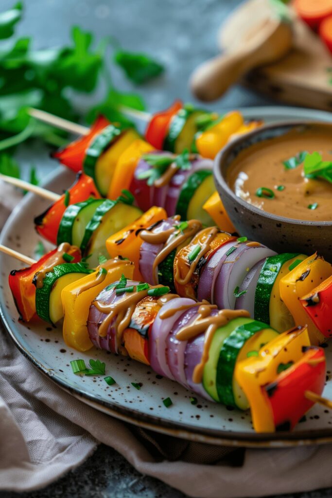 Rainbow Veggie Skewers with Peanut Butter Dip