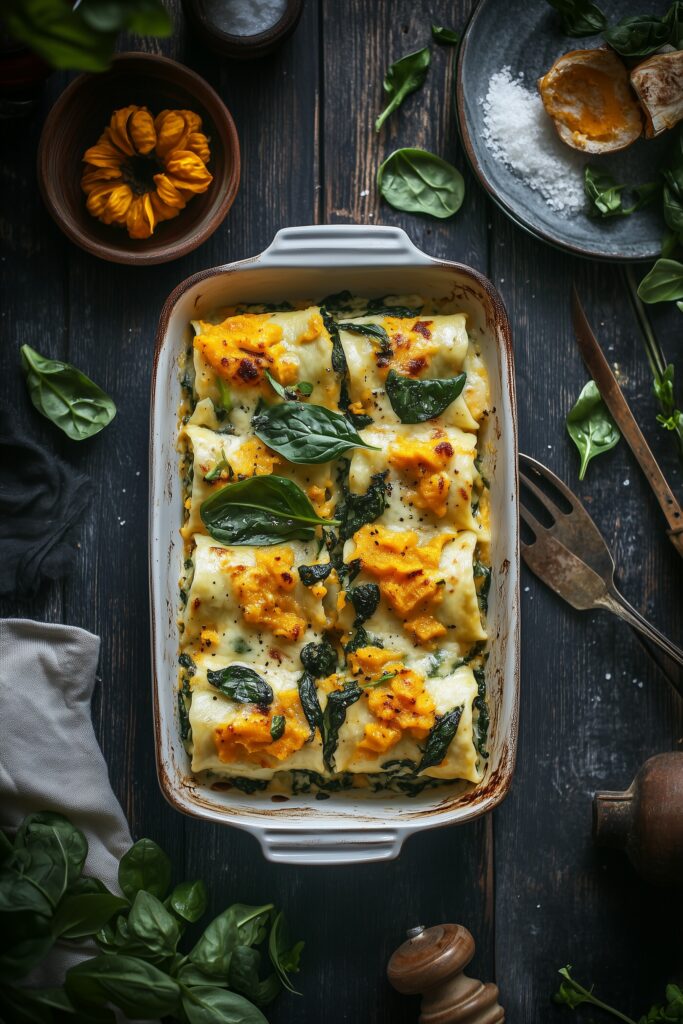 Butternut Squash and Spinach Lasagna Rolls on a white rectangle baking pan