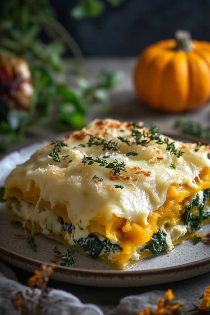 A slice of butternut squash and spinach lasagna rolls