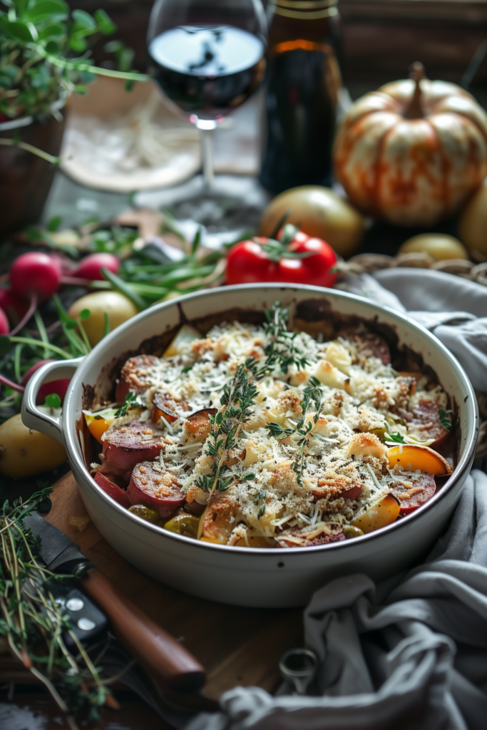 Harvest Veggie & Sausage Bake with Crispy Parmesan Topping