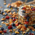 Granola clusters on a clear mason jar