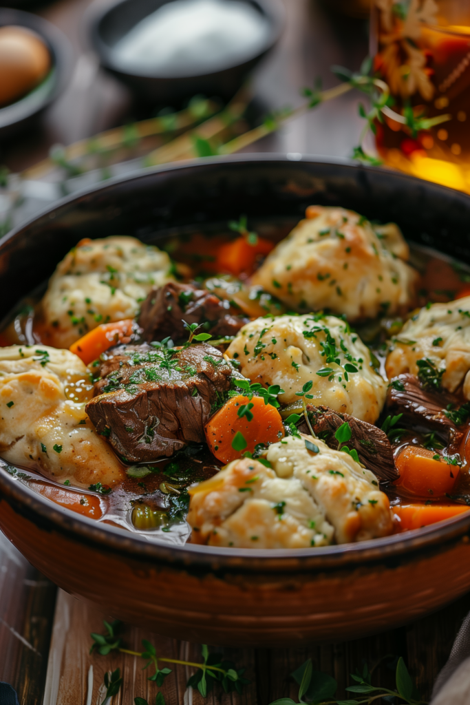 Beef and Vegetable Stew with Creamy Herb Dumplings