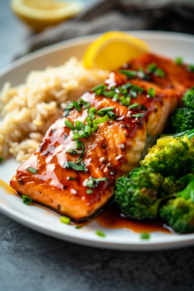 Teriyaki Salmon with Brown Rice and Steamed Broccoli