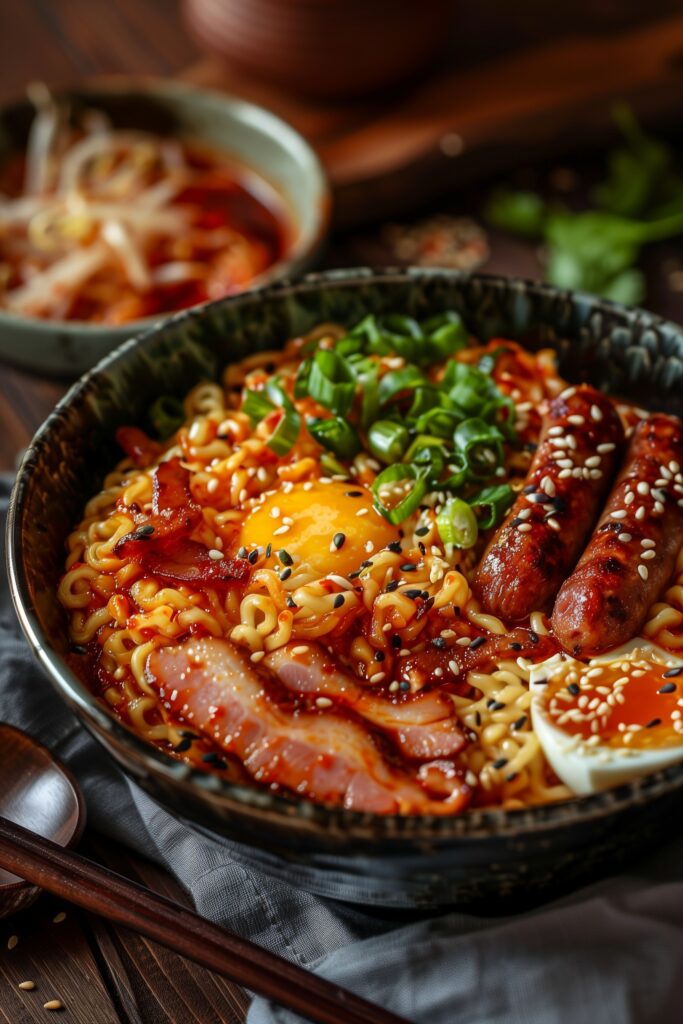 Spicy Vegan Korean Ramen With Bacon and Sausage