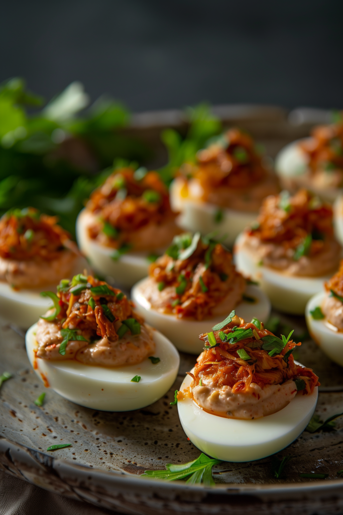 Spicy Kimchi Deviled Eggs 
