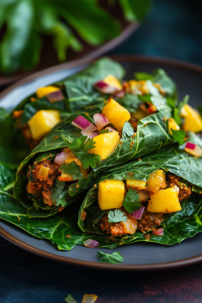 Tikka Masala Collard Green Wraps with Mango Salsa
