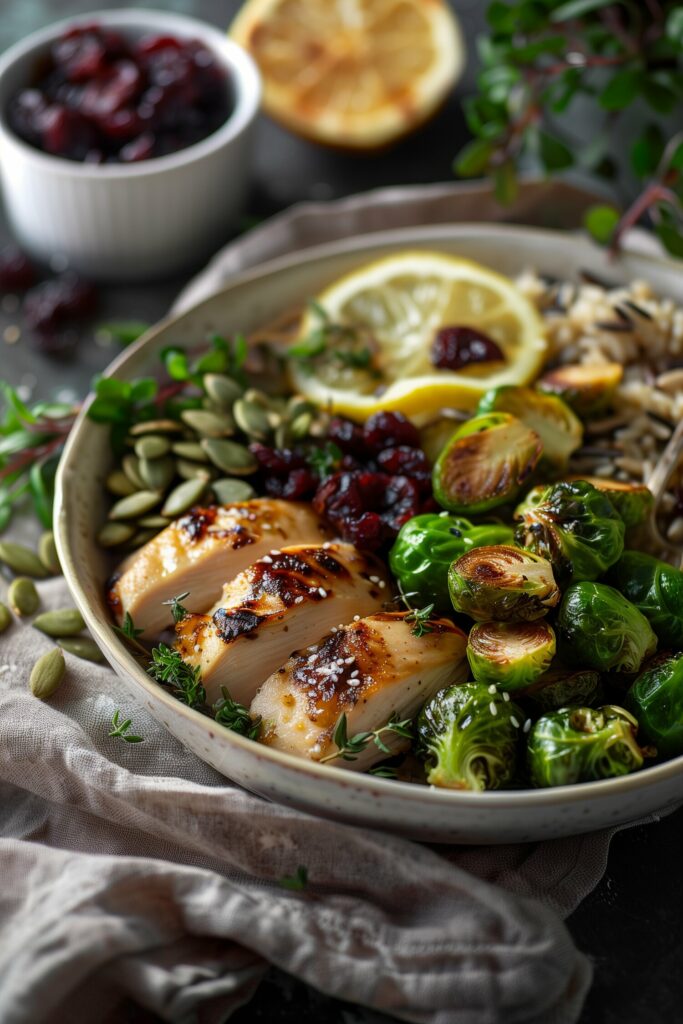 Chicken and Brussels Sprouts Bowl with Lemon-Tahini Dressing