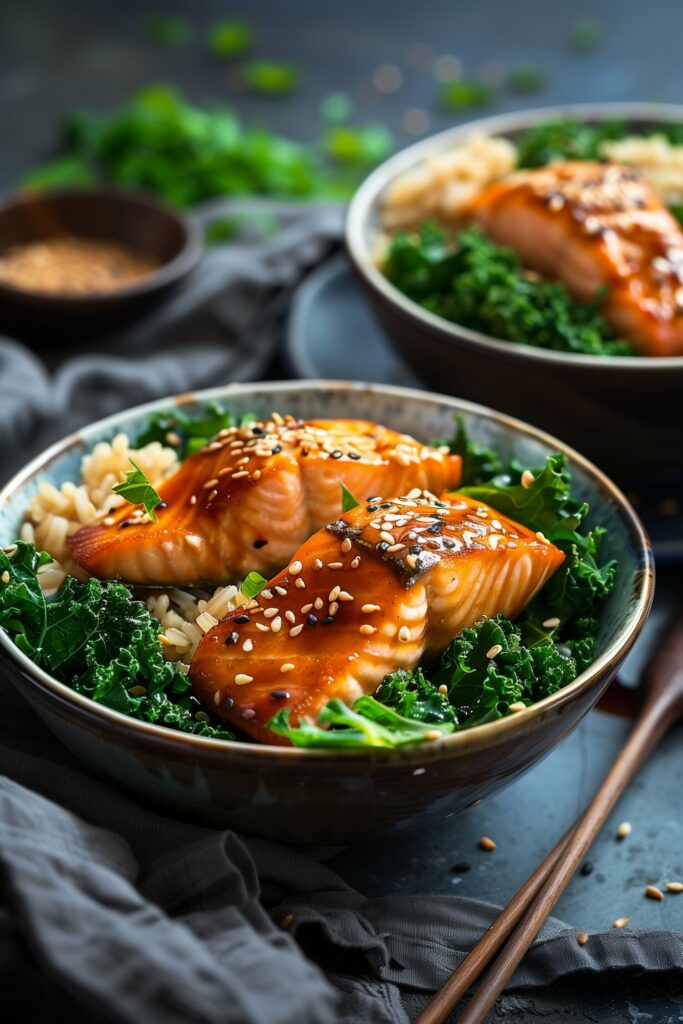 Salmon and Kale Bowl with Miso-Ginger Dressing