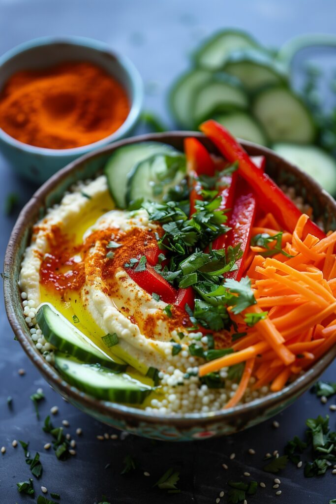 "Rainbow Veggie and Hummus Bowl" (Unique Recipe)