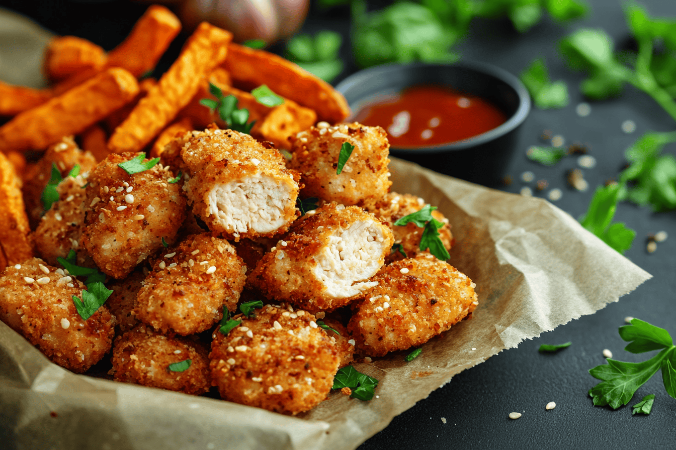 Baked Chicken Nuggets with Sweet Potato Fries