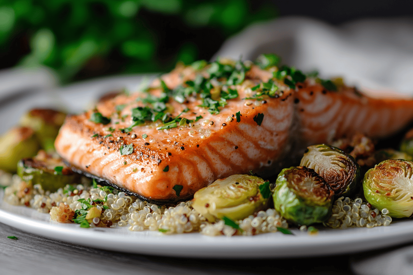 Salmon with Roasted Brussels Sprouts and Quinoa