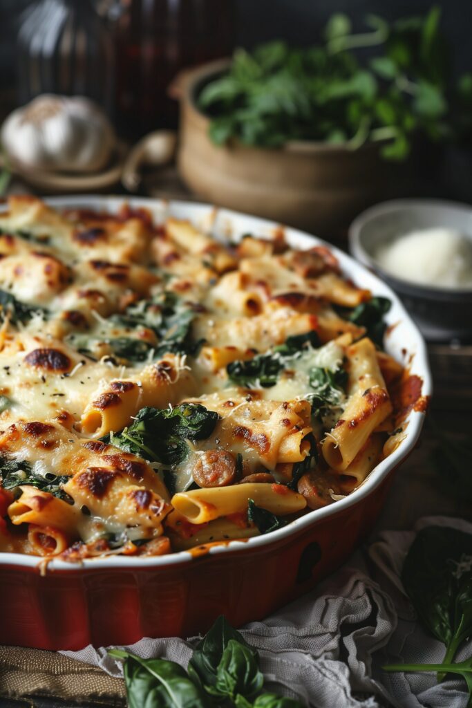 Baked Ziti with Sausage and Spinach