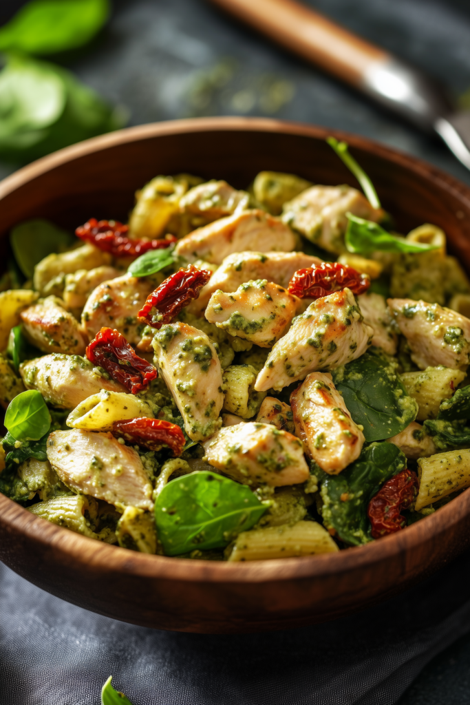 Chicken Pesto Pasta Salad with Sun-Dried Tomatoes and Spinach