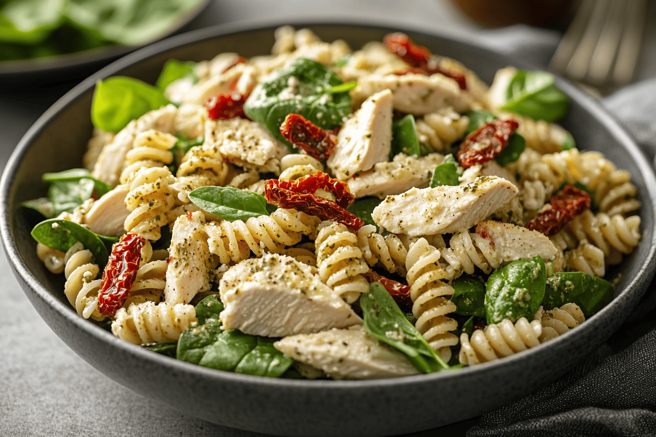 Chicken Pesto Pasta Salad with Sun-Dried Tomatoes and Spinach