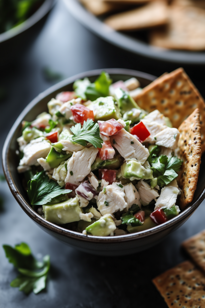 Creamy Avocado and Chicken Salad with Whole Wheat Crackers