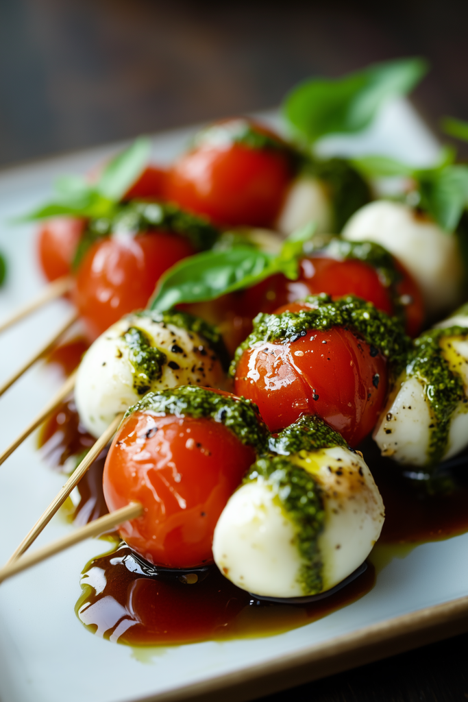 Caprese Skewers with Pesto Drizzle