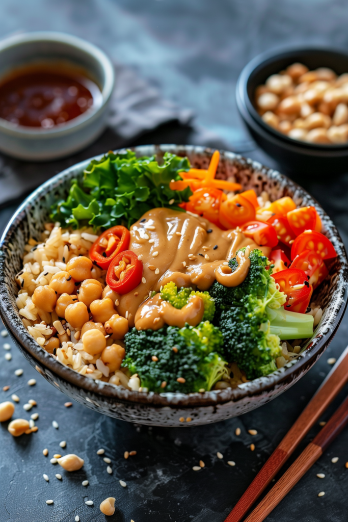 Brown Rice and Veggie Bowl with Peanut Sauce