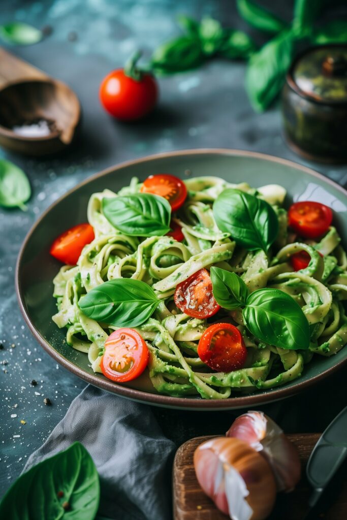 Creamy Avocado Pasta with Spinach & Tomatoes