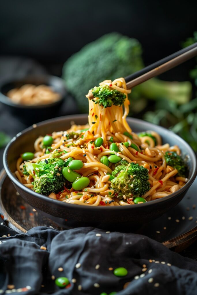 Spicy Peanut Noodles with Edamame & Broccoli