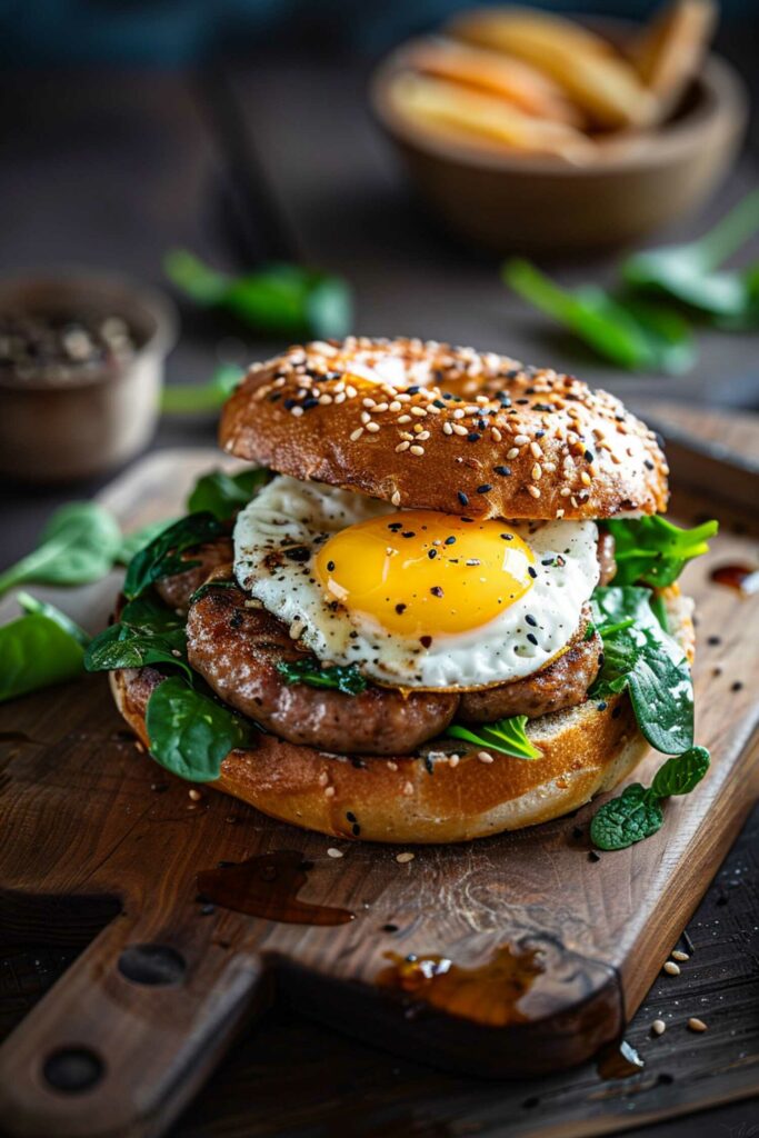 Sausage, Egg, and Spinach on a Whole Wheat Bagel