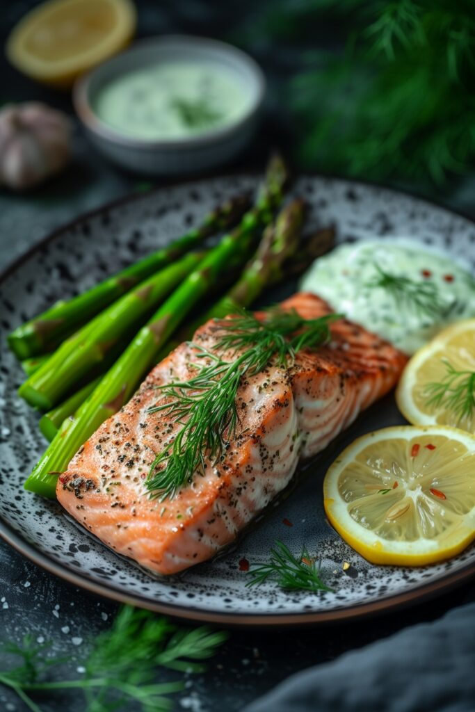 Baked Salmon with Lemon Dill Sauce and Asparagus