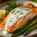 Baked Salmon with Lemon Dill Sauce and Asparagus
