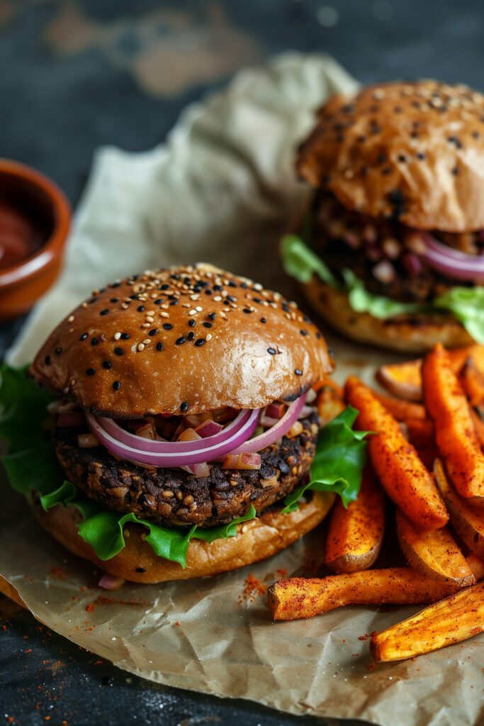 Black Bean Burgers with Sweet Potato Fries