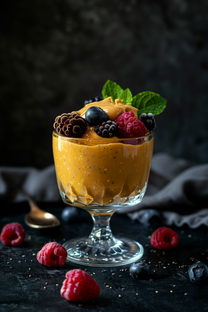 Chia Pudding topped with Fresh Berries and Almond Butter