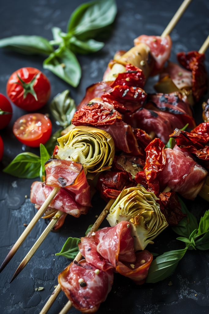 Lunch Kebabs with Mortadella, Artichoke, and Sun-Dried Tomatoes