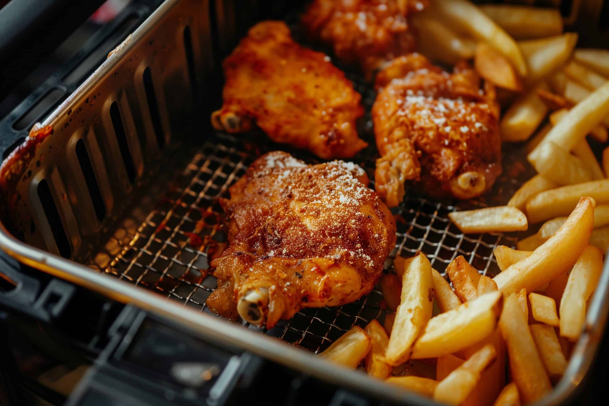 Fried chicken and french fries cooked on an air fryer