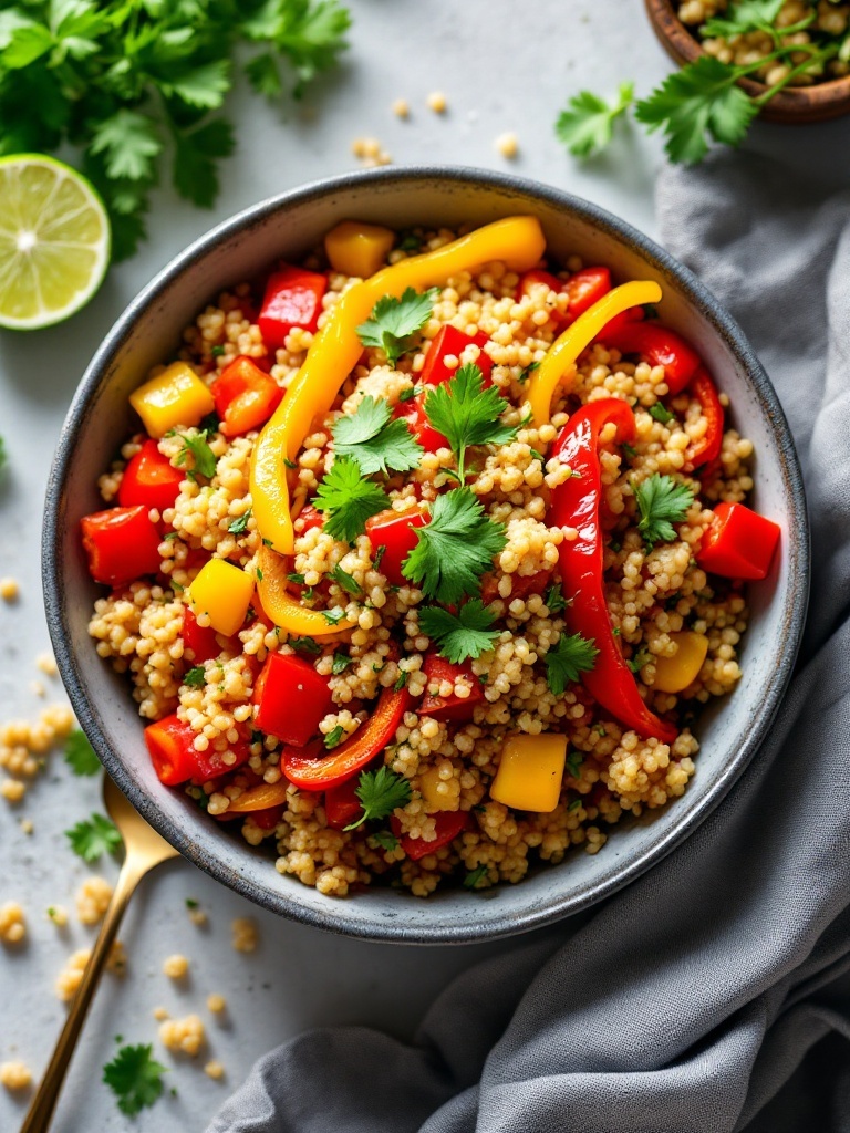 Vibrant bell pepper and quinoa salad in a bowl with cilantro and lime.