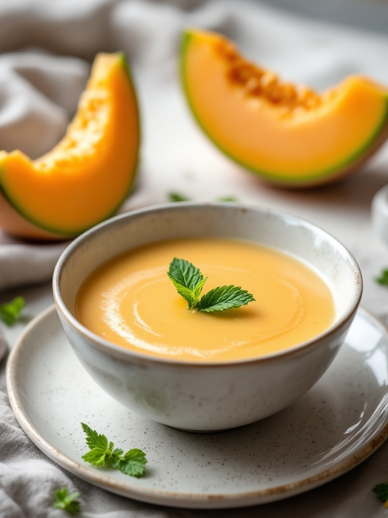 A bowl of chilled cantaloupe soup garnished with mint, surrounded by cantaloupe slices.