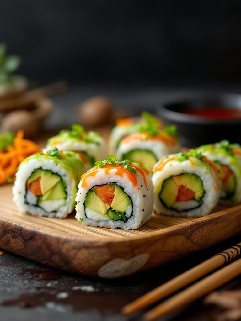 Cucumber and avocado sushi rolls on a wooden plate