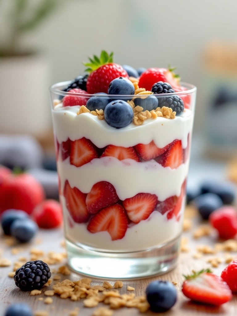 A delicious Greek yogurt parfait layered with fresh berries and granola.
