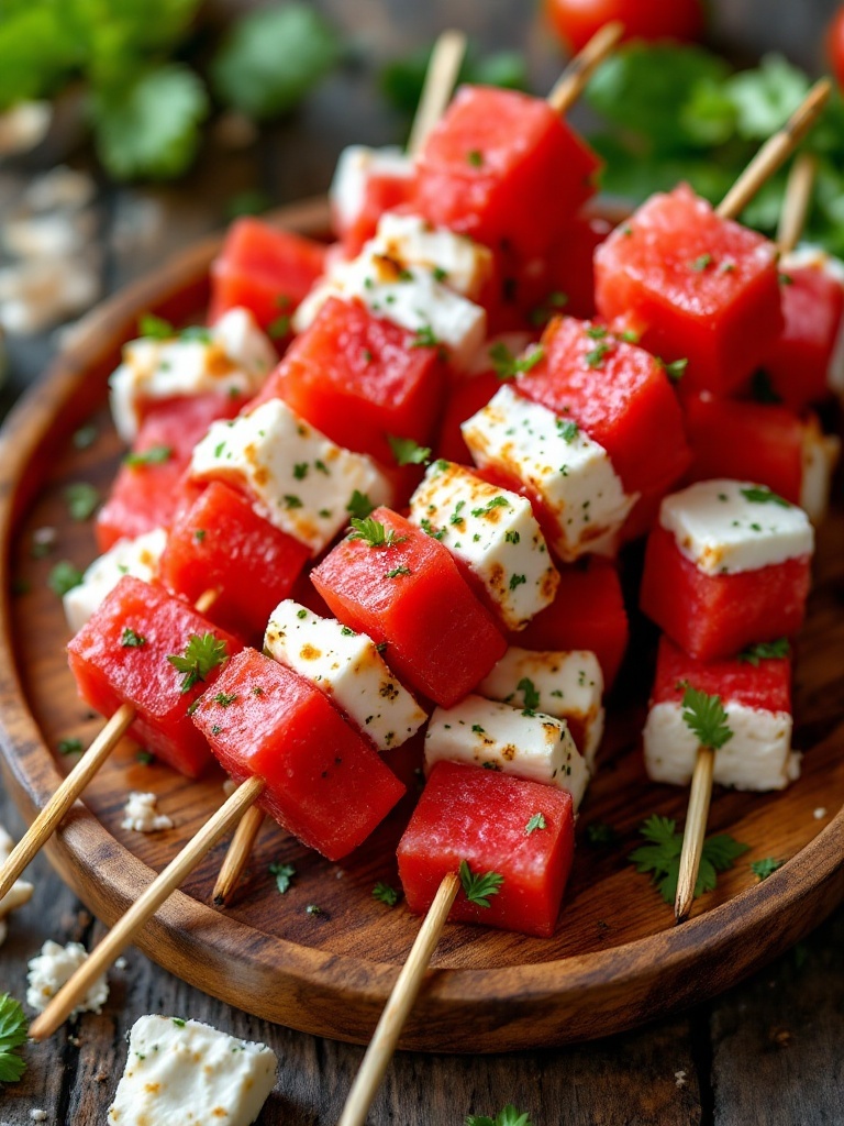 A wooden platter with skewers of herbed watermelon and feta cubes.