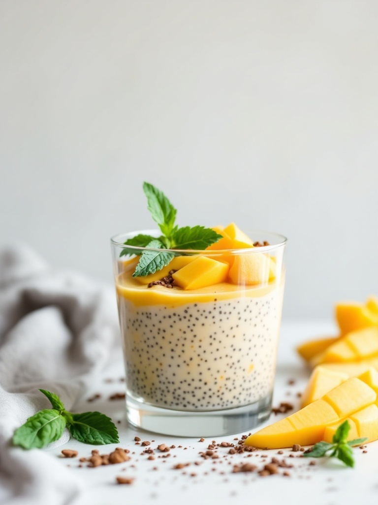 A glass of mango chia seed pudding topped with mango pieces and mint leaves.