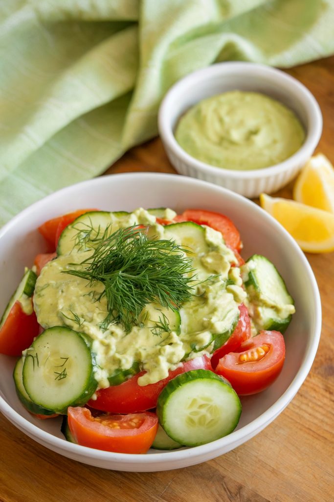 Cucumber and Tomato Salad with Avocado Dressing