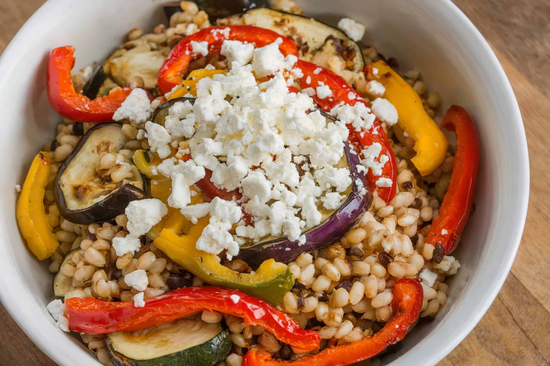 A Mediterranean barley salad with roasted vegetables