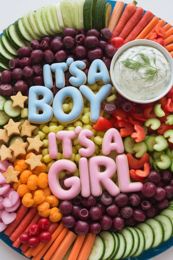 "It's a Boy/Girl" Blue & Pink Veggie Platter with Dip