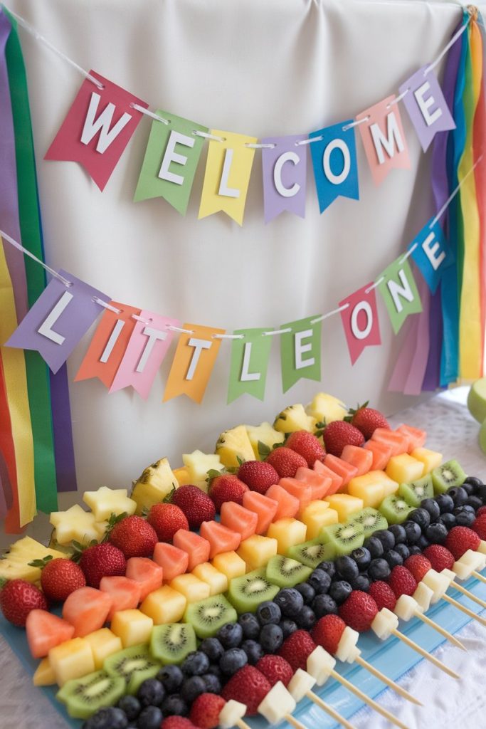 "Welcome Little One" Banner with Fruit Skewers