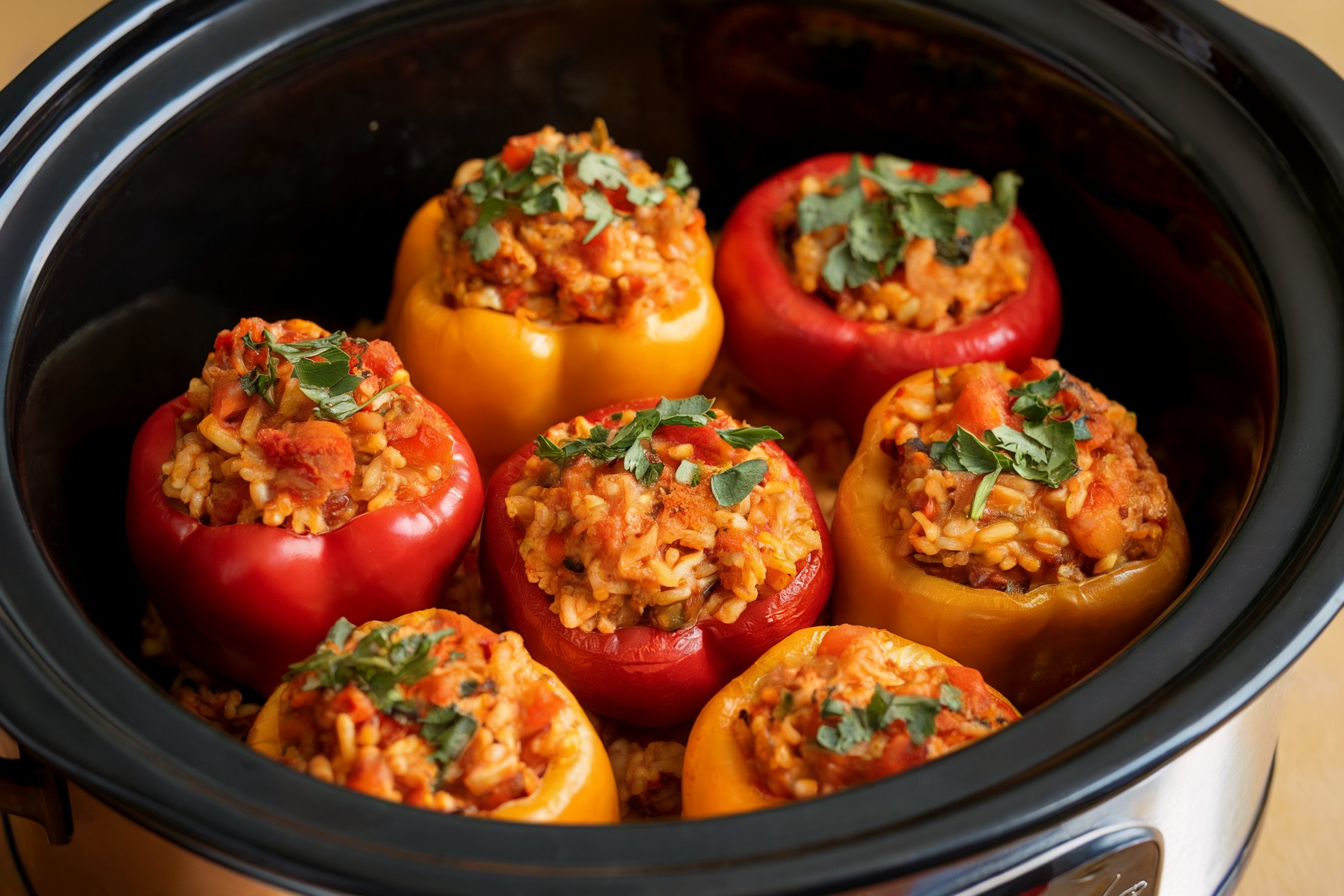 Bell peppers stuffed with veggies, quinoa, and other ingredients placed on a slow cooker