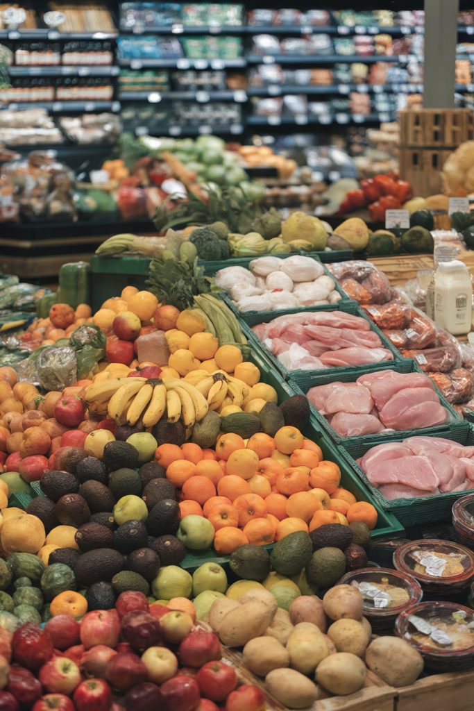 A part of store where vegetables and meat are displayed