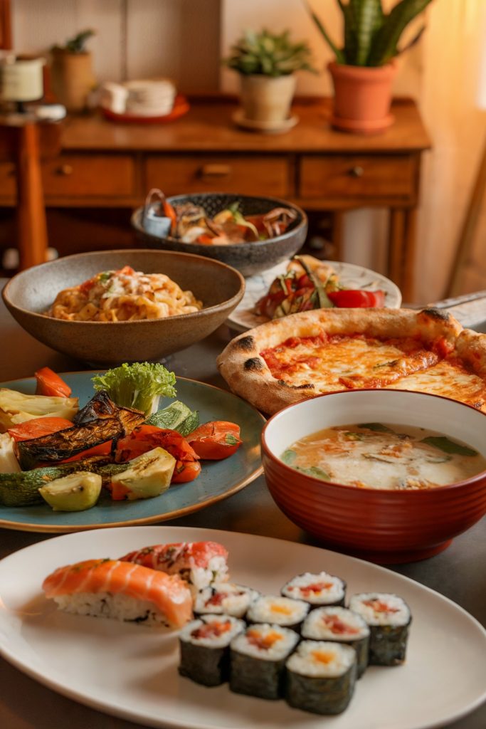 Different home-cooked meals on a table