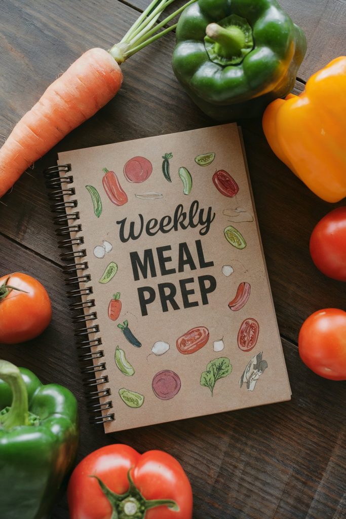 A notebook with Weekly Meal Prep label on the cover and veggies around it