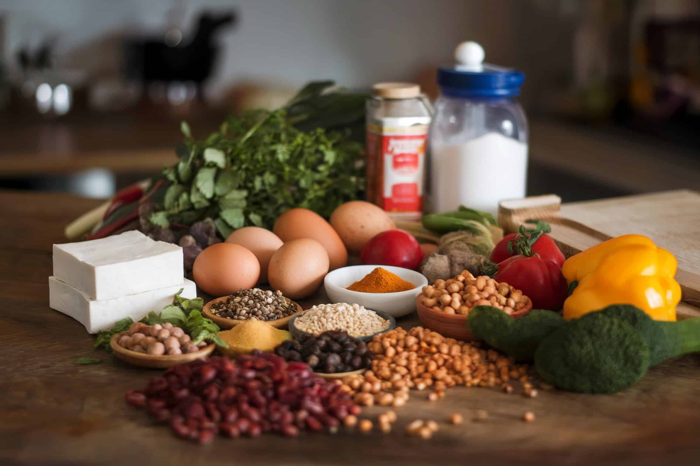 Different ingredients like herbs, eggs, tofu and veggies on the table
