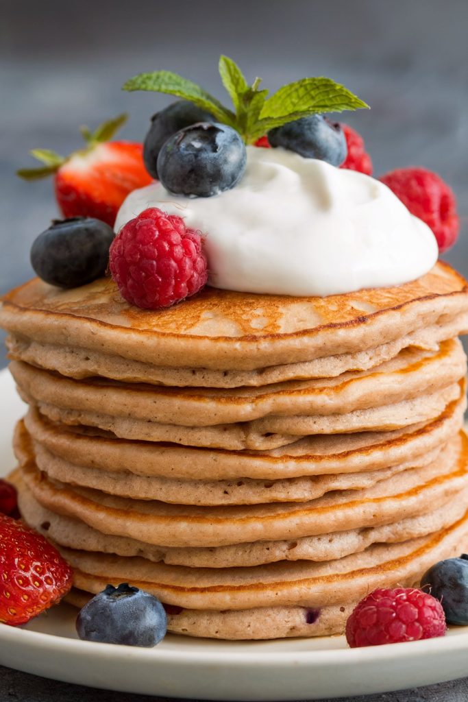 Whole Wheat Pancakes With Fruit and Yogurt