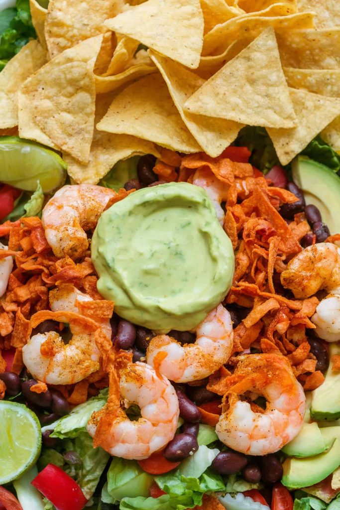 Spicy Shrimp Taco Salad With Avocado Dressing