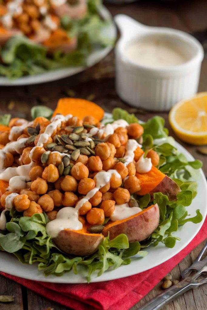 Roasted Sweet Potato and Chickpea Salad With Tahini Dressing