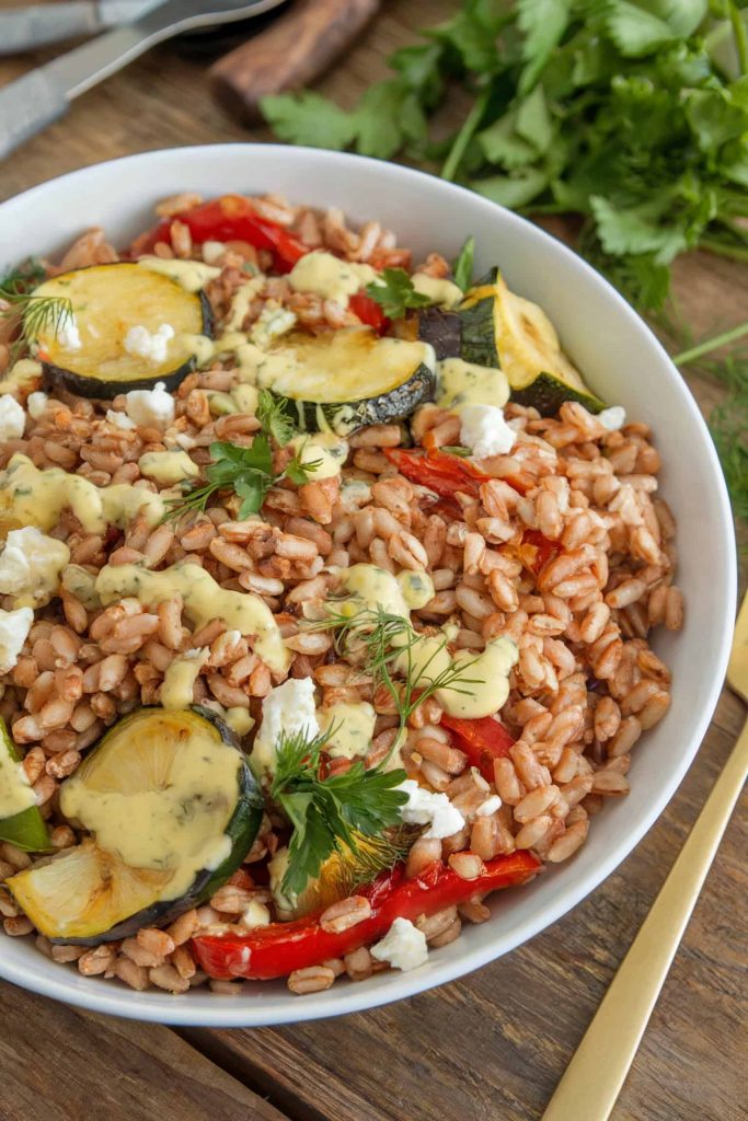 Farro Salad With Roasted Vegetables and Lemon Herb Dressing