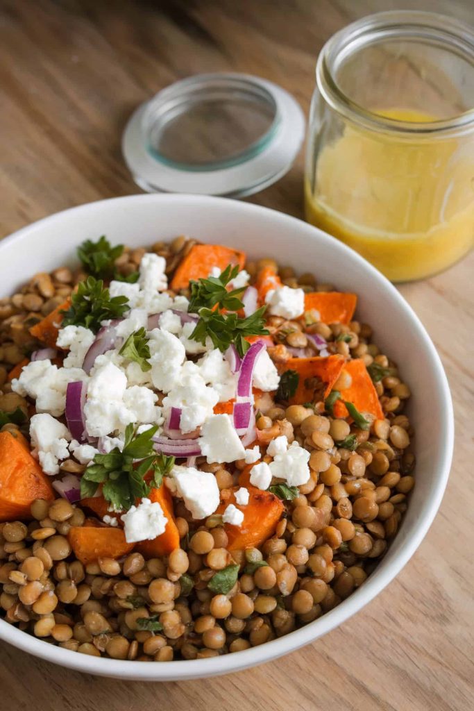 Lentil Salad With Roasted Sweet Potatoes and Feta Cheese